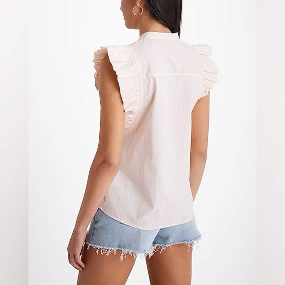 Express Poplin Striped Flutter Sleeve Button Up Gramercy Shirt Pink and White - Picture 3 of 7